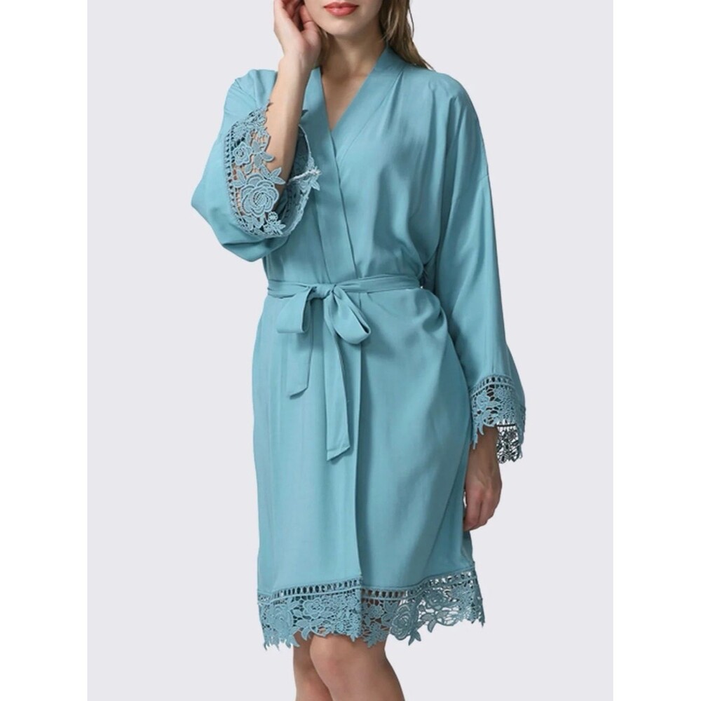 Source Unknown Light Blue Lace-Trim Kimono Robe, Bridal Robe - Picture 2 of 6